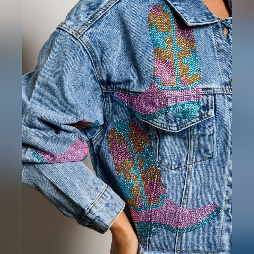 PEACH LOVE CALIFORNIA Oversized Denim Jacket Sequin Cowboy Boots - Picture 5 of 12